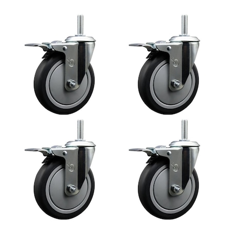 Service Caster 5 Inch Thermoplastic Rubber Swivel 58 Inch Threaded Stem Caster Set with Total Lock Brake SCC-TSTTL20S514-TPRB-58212-4